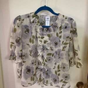 CAbi Cherish top - Lavender and Olive Floral Ruffle Blouse